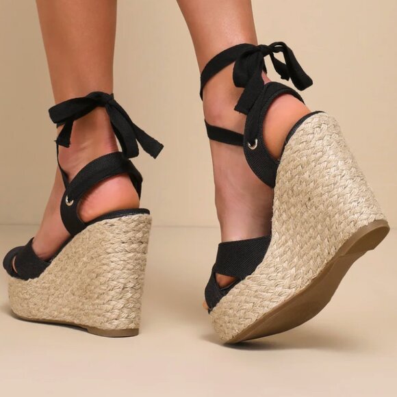Lulus NWOT Esme Black Lace-Up Espadrille Wedges - Picture 5 of 6